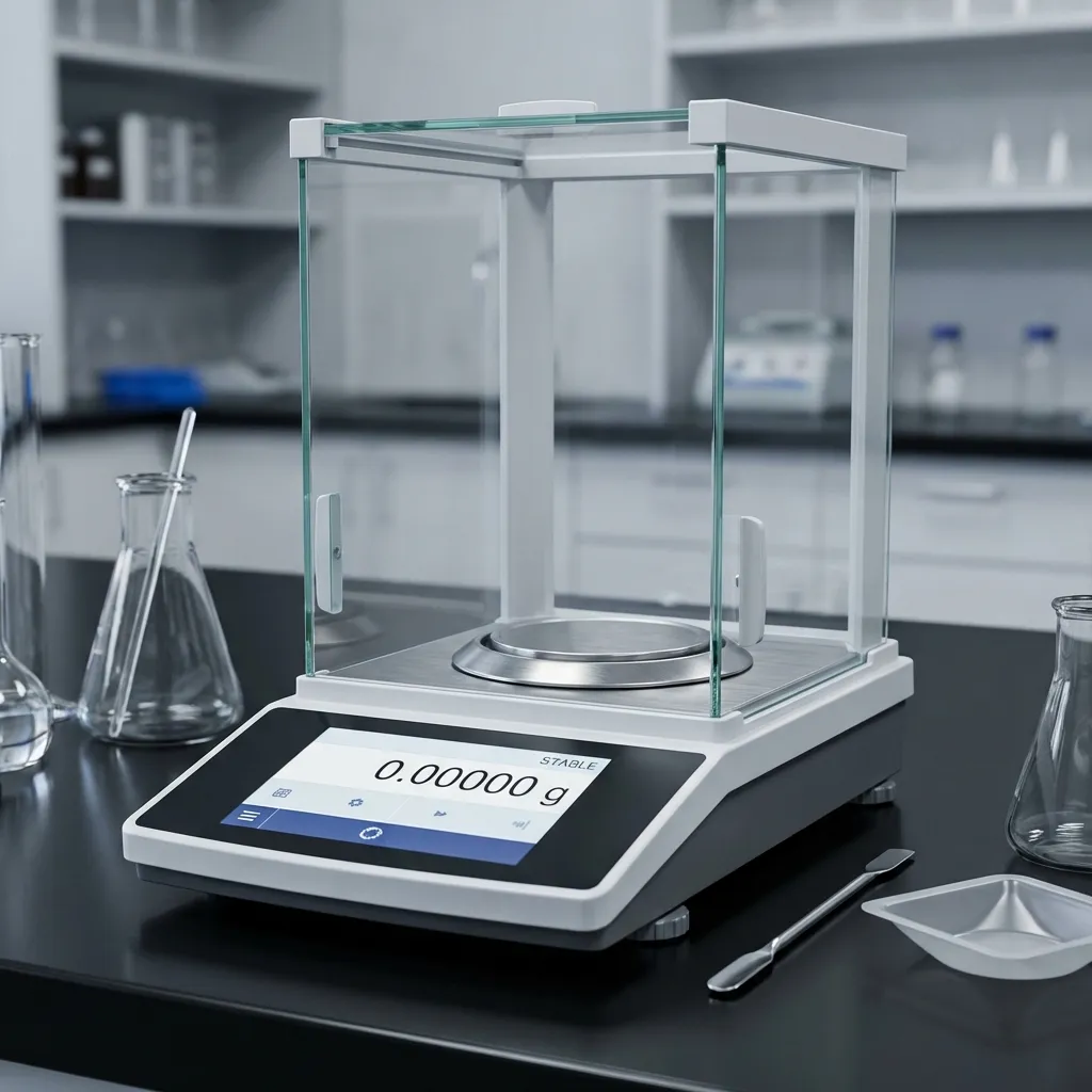 Balança analítica de alta precisão em ambiente de laboratório