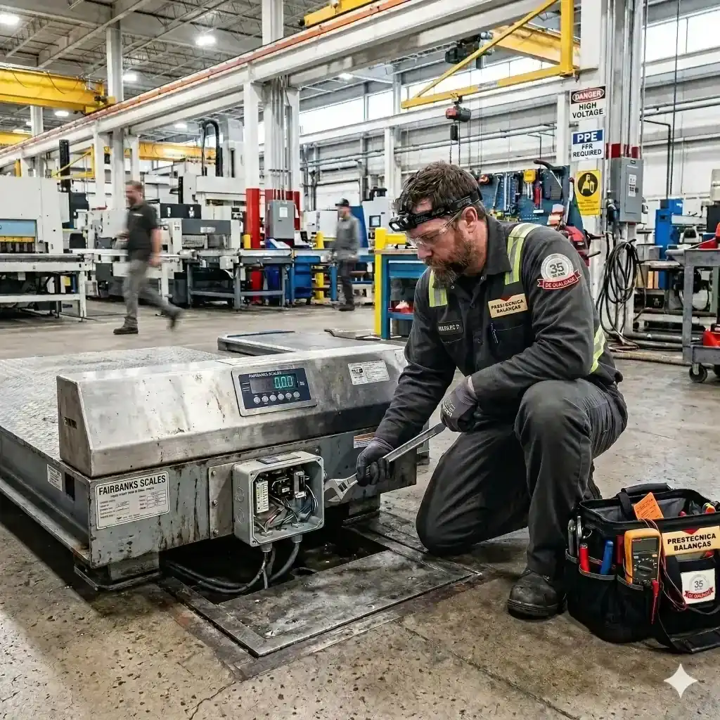 Homen realizando manutenção em uma balança industrial de piso - Prestécnica