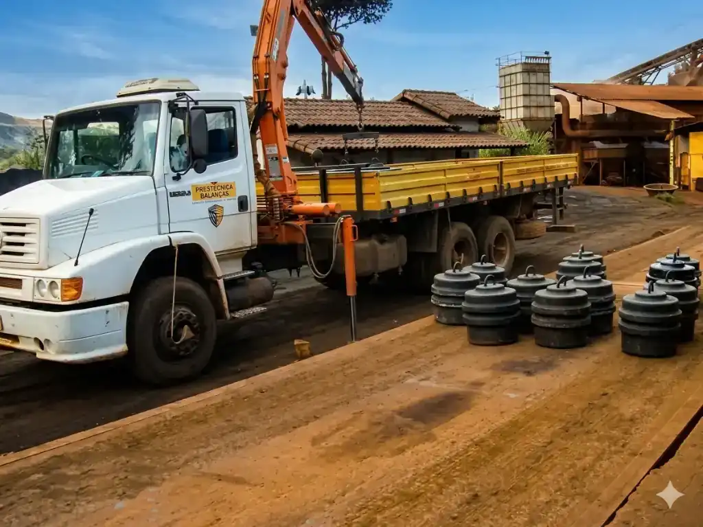 Caminhão Prestécnica com pesos padrão para calibração de balanças rodoviárias em Minas Gerais