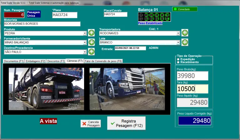 Interface do Software Total Scale - Gerenciamento de Pesagem e Portaria